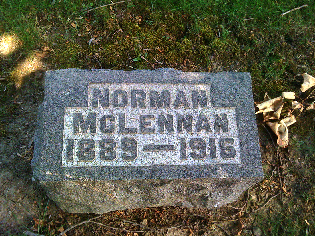 Photo of headstones/Norman McLennan 1889-1916 hdstn Racine Mound Cem Wisc